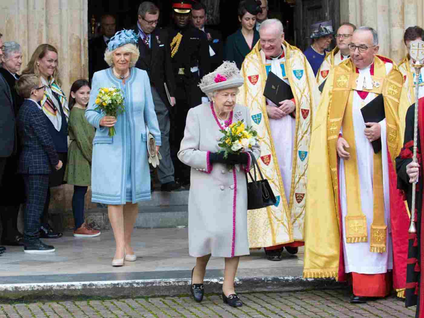 The Queen and The Duchess of Cornwall depart the Abbey after the service