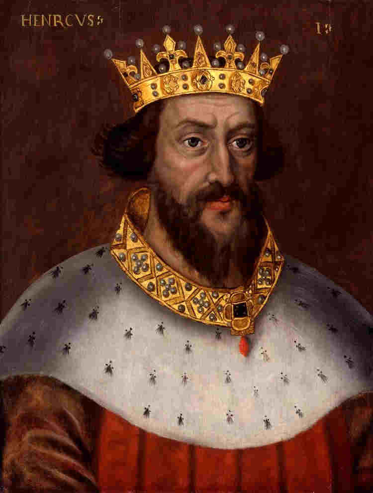 Painting of Henry I wearing a gold crown, gold collar and red cloak with white fur trim