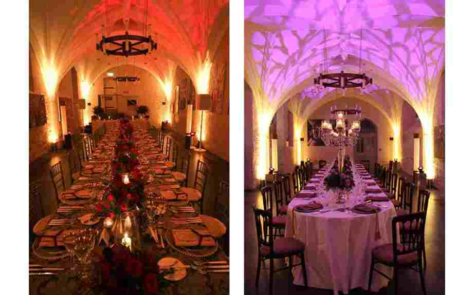 Two lighting effects which can transform the atmosphere of corporate dinners in the Cellarium, Westminster Abbey