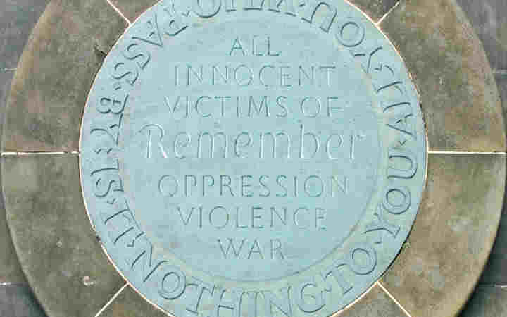 Photograph looking down on the Innocent Victims' Memorial, outside the Great West Doors of Westminster Abbey