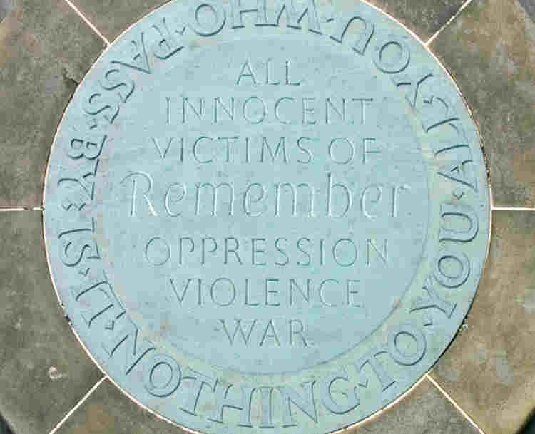 Photograph looking down on the Innocent Victims' Memorial, outside the Great West Doors of Westminster Abbey