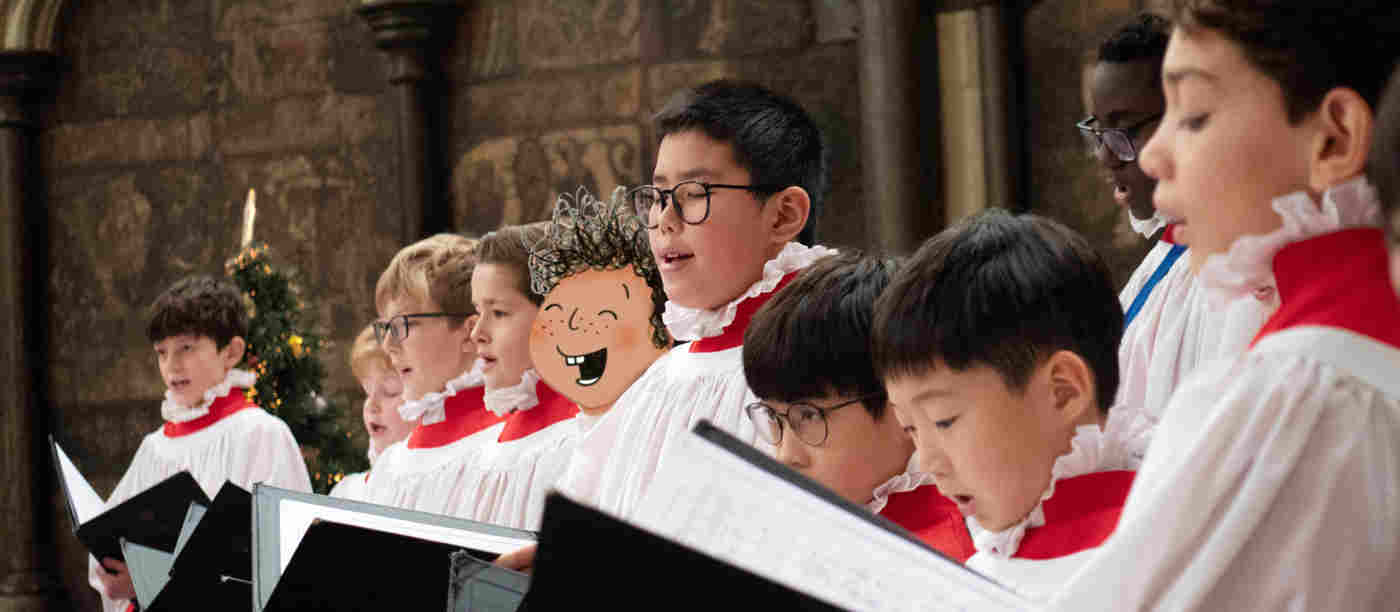 Photograph of singing choristers dressed in white robes with a red collar holding black folders containing sheet music. An illustration of a boy is included as in part of the choir.