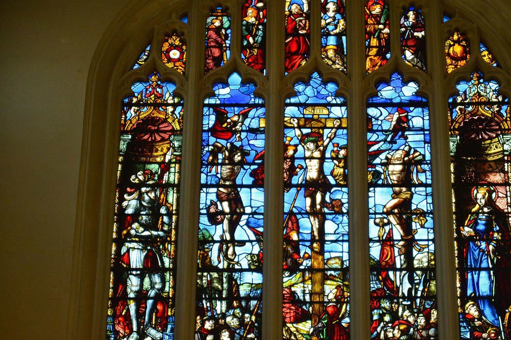 Stained glass window depicting the crucifixion of Jesus Chris, St Margaret's Church, Westminster