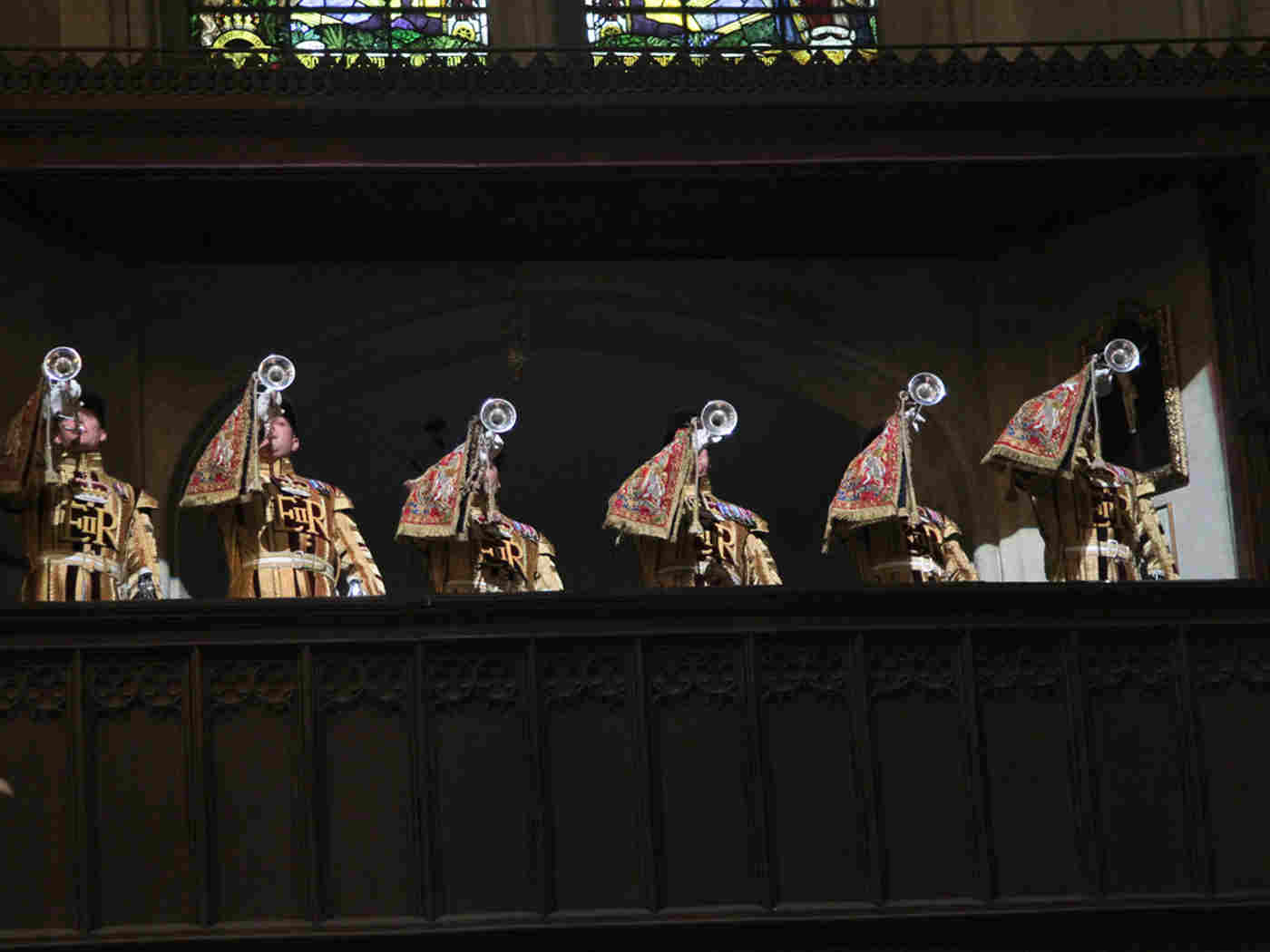 The State Trumpeters of the Household Cavalry sound a fanfare as HM The Queen arrives