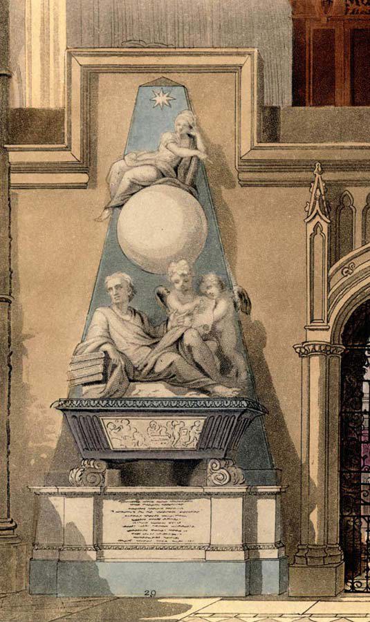 Drawing: Isaac Newton's memorial in Westminster Abbey in front of a flat Choir Screen