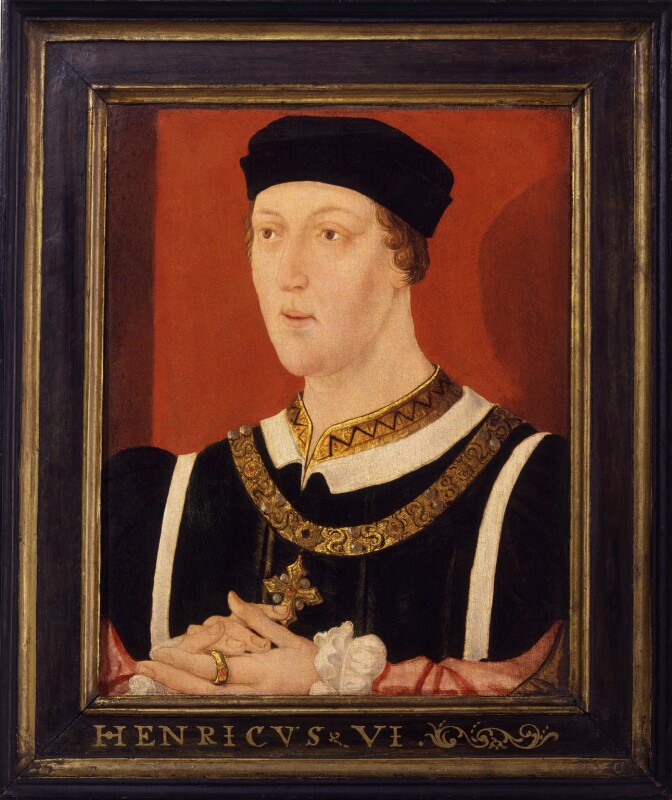 Painting of Henry VI hands clasped, holding a gold crucifix on a chain around his neck