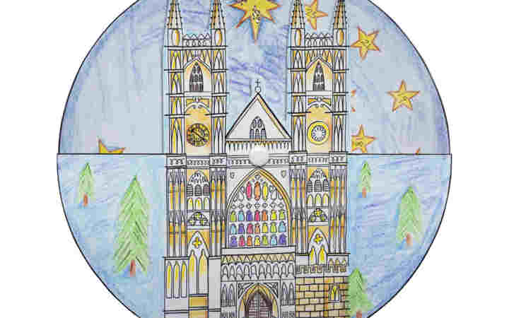 Photograph of completed Advent activity template with coloured in drawing of the West Towers of Westminster Abbey