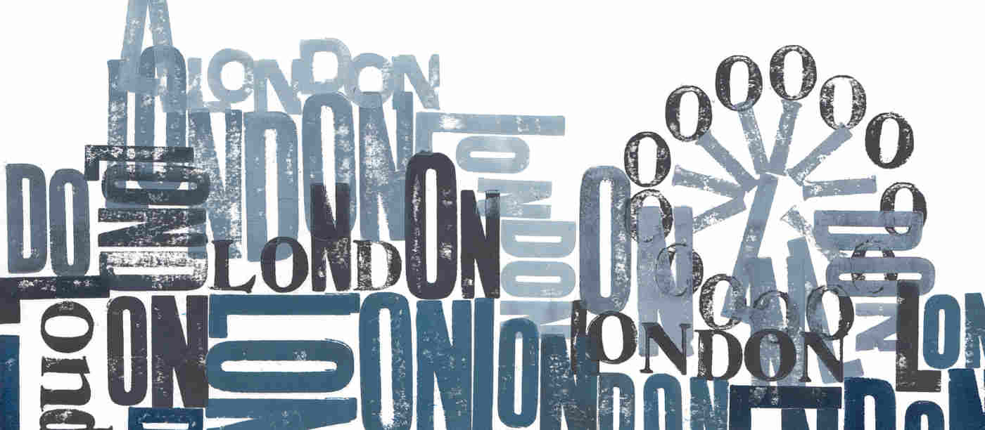 Photograph of the word London and parts of the London skyline using blue letterpress printing techniques