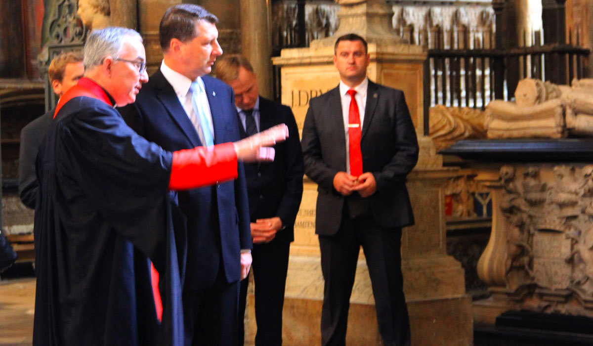 The Dean of Westminster, the Very Reverend Dr John Hall, leads the President of Latvia Raimonds Vejonis on a tour of the Abbey
