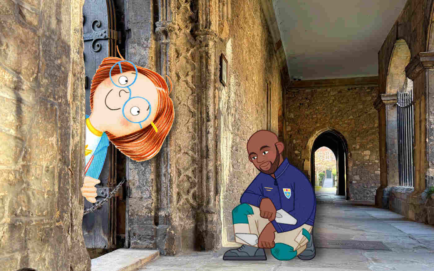 Photograph of stone cloisters within Westminster Abbey with cartoon illustrations of a stonemason bent on one knee holding a small spade and a girl sticking her head out