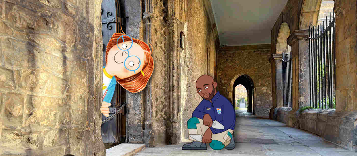 Photograph of stone cloisters within Westminster Abbey with cartoon illustrations of a stonemason bent on one knee holding a small spade and a girl sticking her head out
