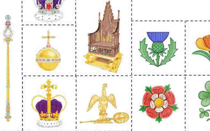Photograph of illustrations from different parts of the coronation surrouonded by dotted lines to cut out the template