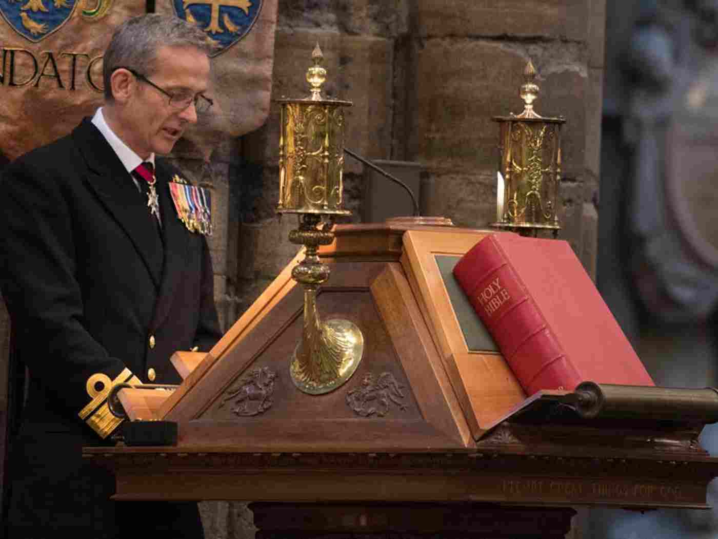 Rear Admiral John Weale CB OBE, Flag Officer Scotland and Northern Ireland, Assistant Chief of Naval Staff Submarines, and Rear Admiral Submarines, reads Jonah 2: 2–7, 9