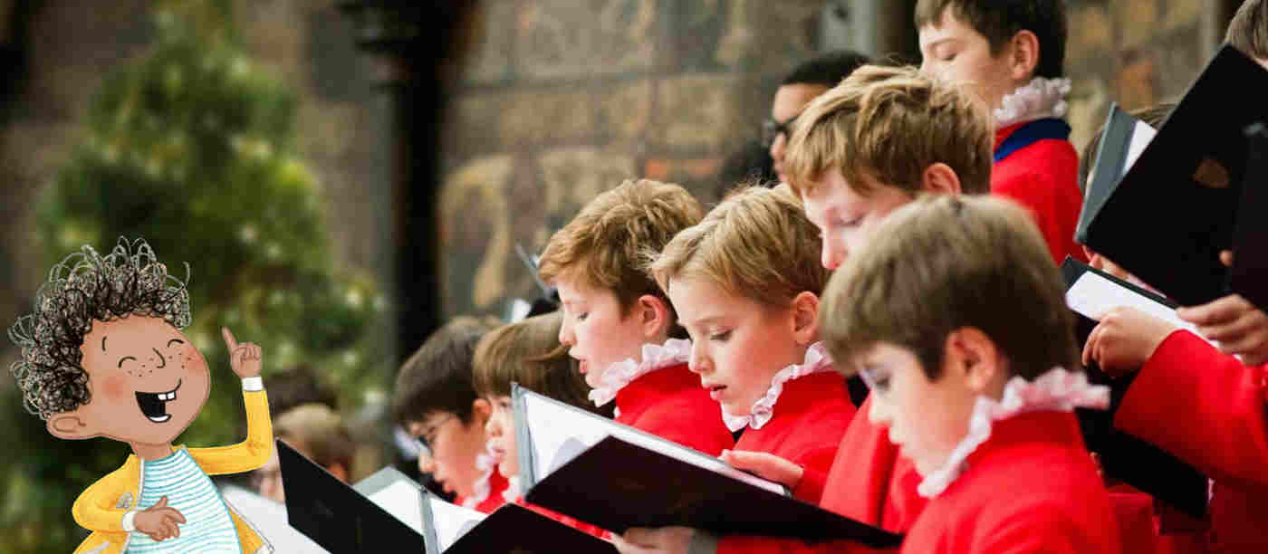 Photograph of choirboys dressed in red singing carols in front of a Christmas tree, alongside an illustration of a boy singing and pointing upwards