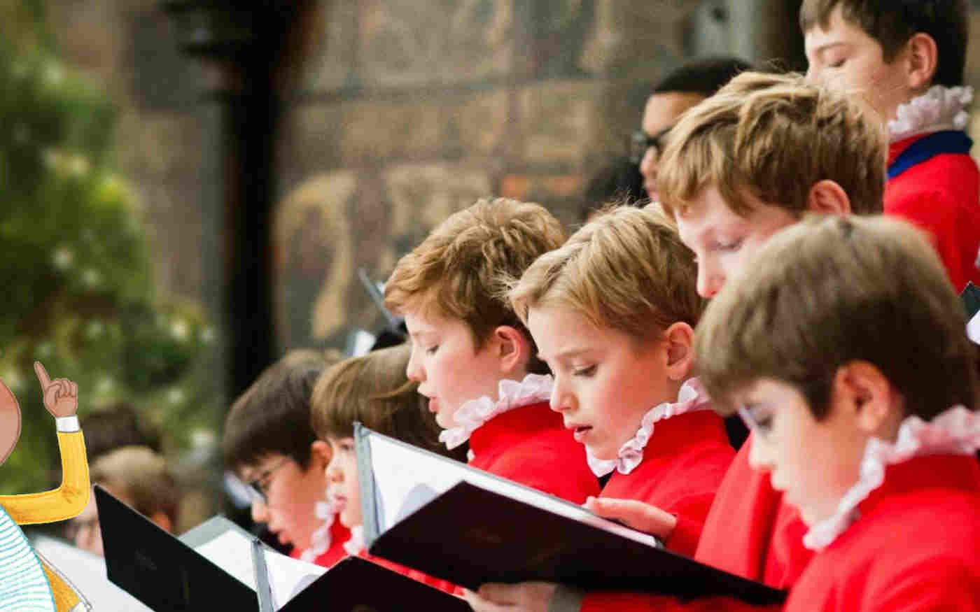 Photograph of choirboys dressed in red singing carols in front of a Christmas tree, alongside an illustration of a boy singing and pointing upwards