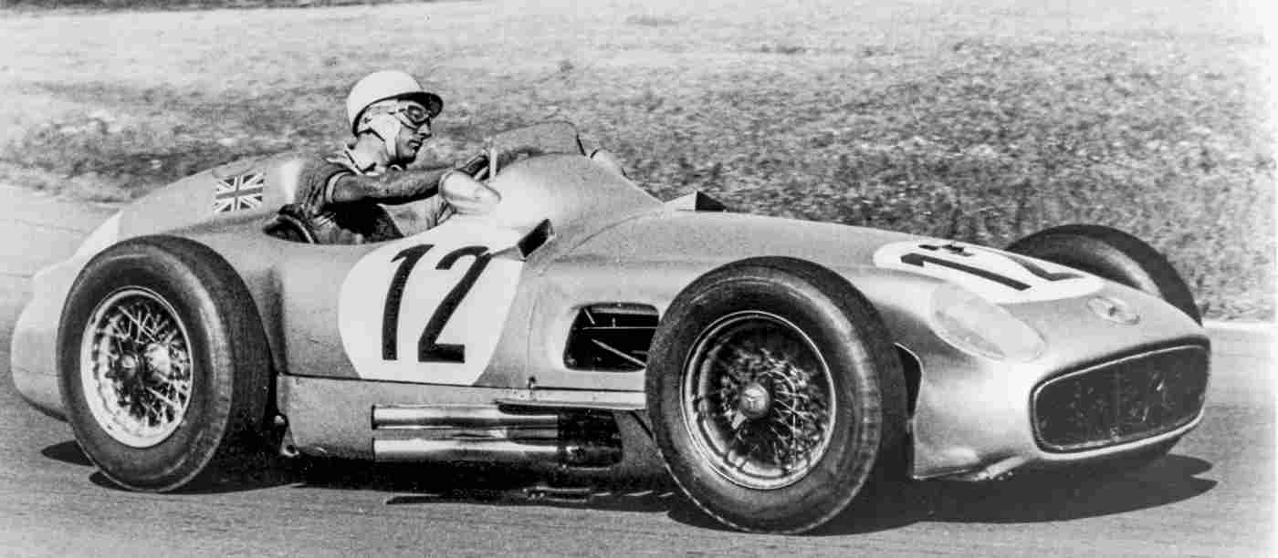 Sir Stirling Moss driving the Mercedes-Benz W196 at the Grand Prix on England, Aintree 1955