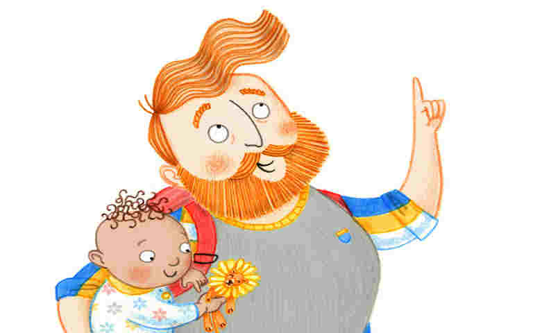 Illustration of father holding baby looking and pointing up