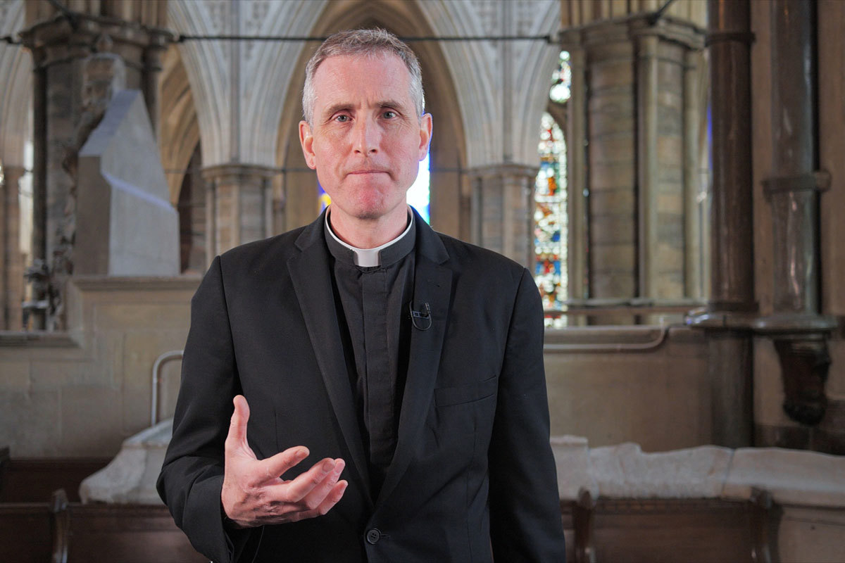 Photograph of The Reverend Mark Birch talking about Creation, as part of a series of films titled A Priest's Perspective