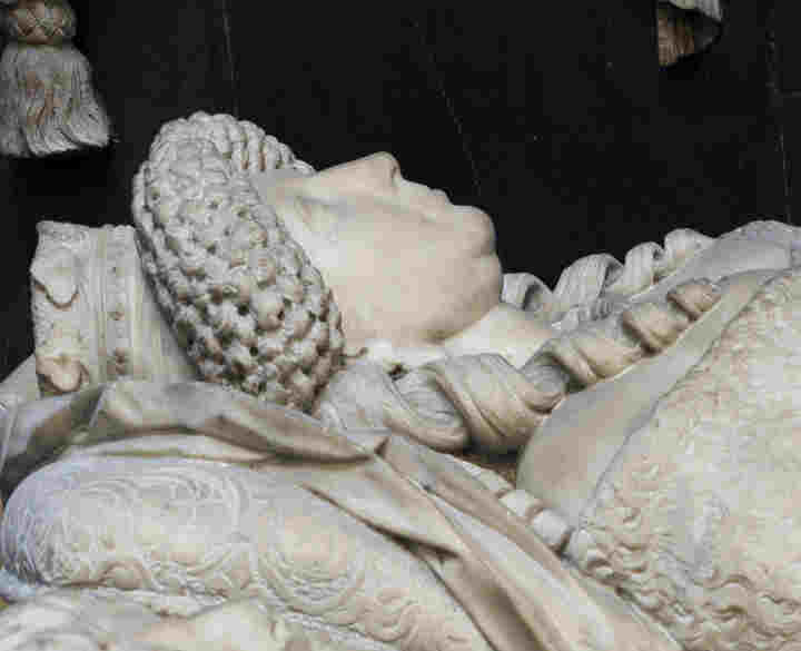 Photograph of memorial to Margaret Cavendish, a stone laid-down effigy within the north transept of Westminster Abbey