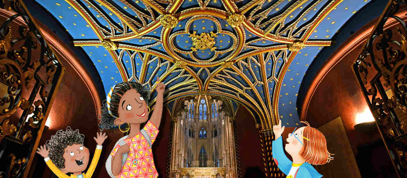 Photograph of quire screen ceiling covered in stars with illustrated figures of a family looking and pointing added on top