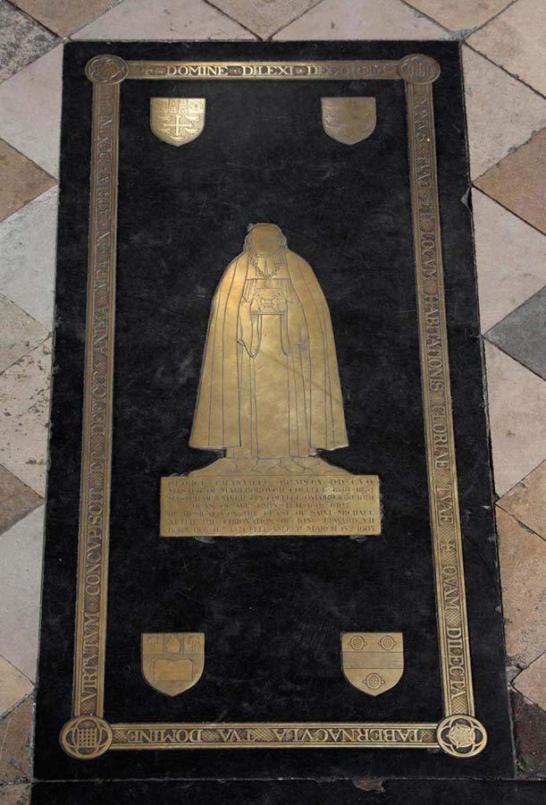 Brass plaque with figure of George Granville Bradley and four coats of arms