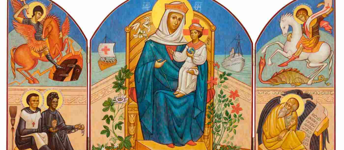 In the centre is the Virgin Mary, seated and cradling her son. On either side of the figures are two ships. The first is that which carried St Augustine and his monks to England in the sixth century, bringing with them the Christian faith; and the second is the Windrush, which brought many who renewed the faith in the areas where they settled. The side panels depict St Michael the Archangel, St George the Martyr, St John, St Martin de Porres (patron saint of racial justice) and St Josephine Bakh