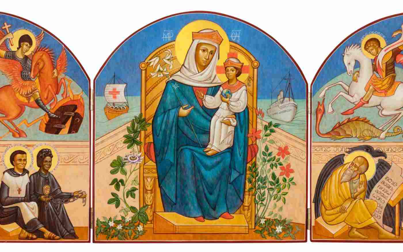 In the centre is the Virgin Mary, seated and cradling her son. On either side of the figures are two ships. The first is that which carried St Augustine and his monks to England in the sixth century, bringing with them the Christian faith; and the second is the Windrush, which brought many who renewed the faith in the areas where they settled. The side panels depict St Michael the Archangel, St George the Martyr, St John, St Martin de Porres (patron saint of racial justice) and St Josephine Bakh
