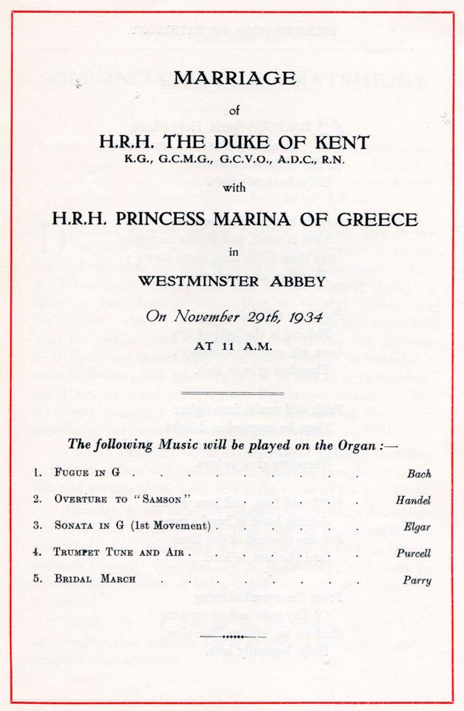 Cover of Order of Service for Marriage of HRH Duke of Kent with HRH Princess Marina of Greece