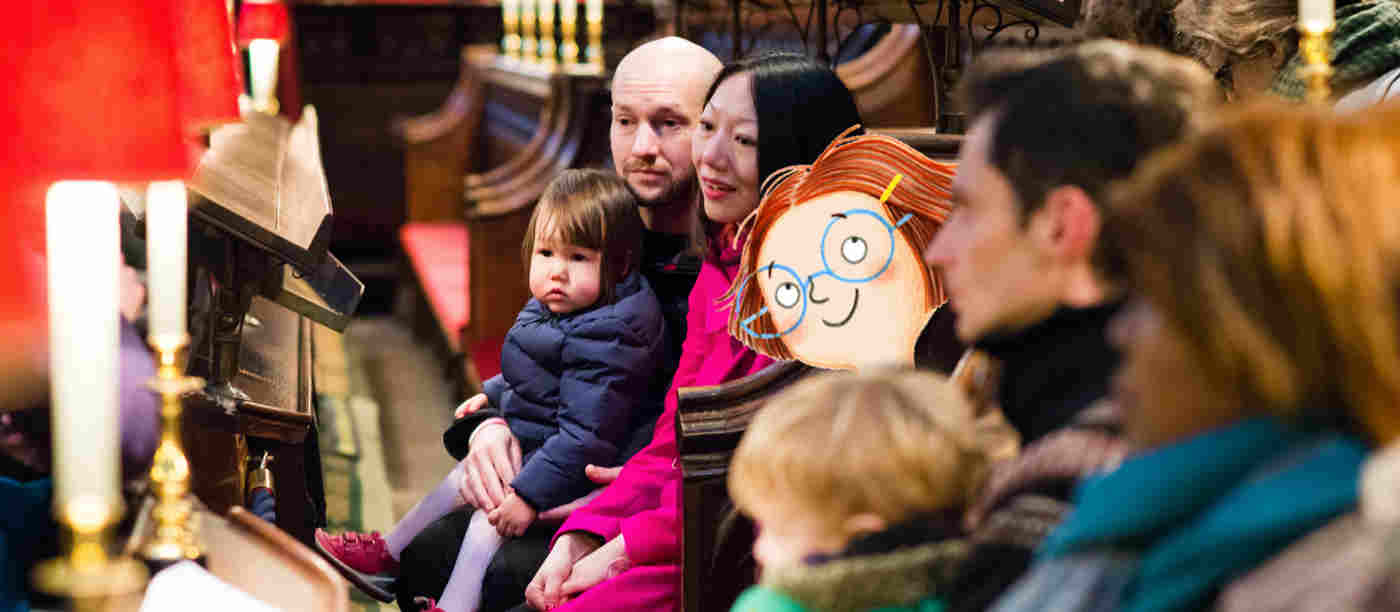 Photograph of adults and children sitting listening within the quire stalls of Westminster Abbey with an illustrated head of a girl who is also listening