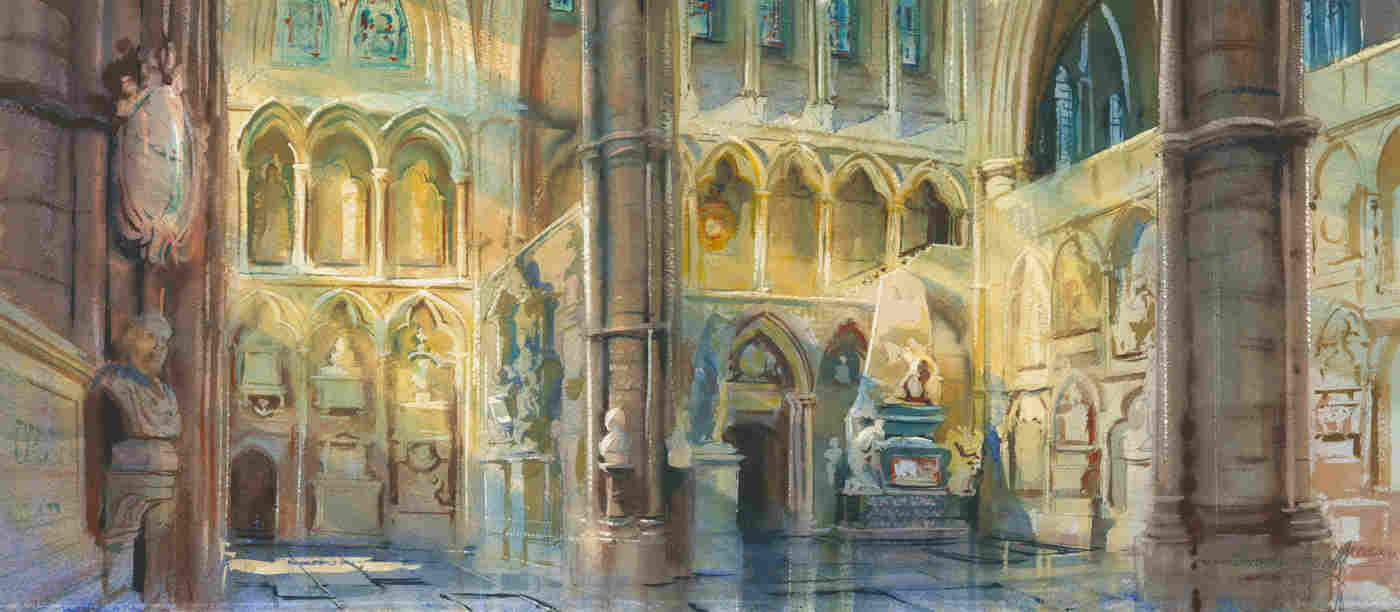 Colourful illustration of Poets' Corner within Westminster Abbey