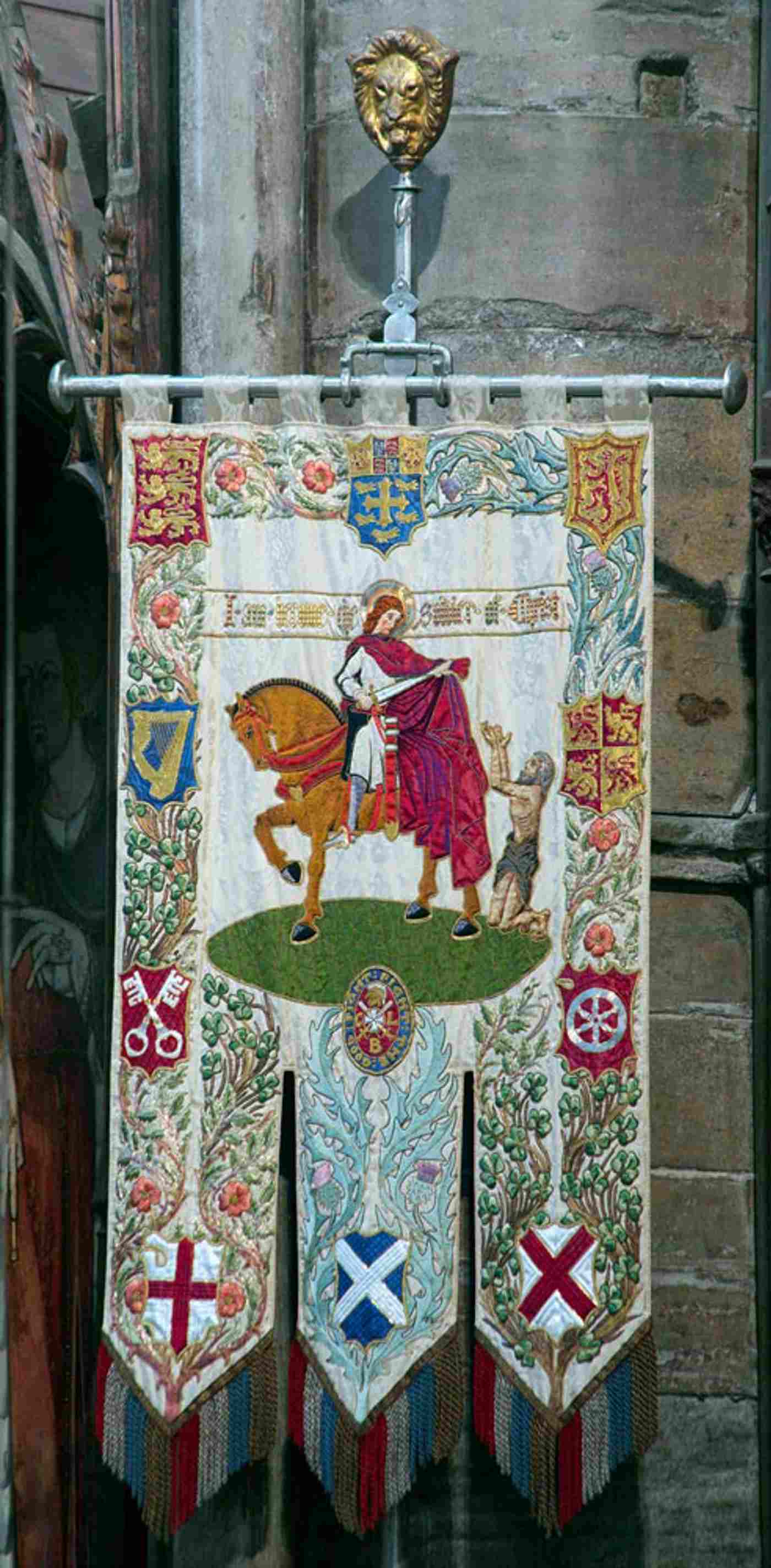 Banner of St Martin: St Martin on horseback, dividing his cloak with the beggar