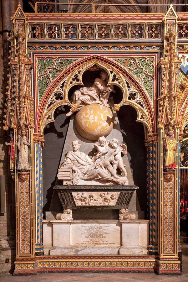 Memorial to Isaac Newton including a reclining figure of Newton in classical costume with a globe above