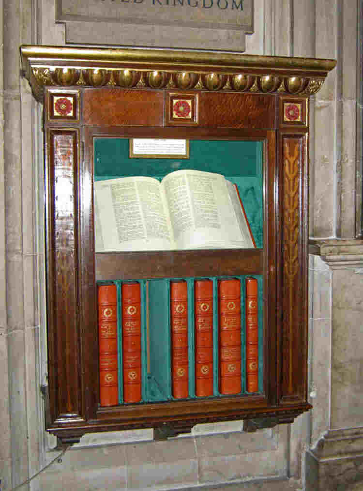 Volumes of the Civilian War Dead Roll of Honour in their showcase
