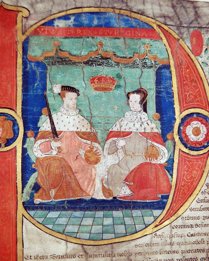Mary I and her husband Philip of Spain depicted on an Abbey charter seated on thrones