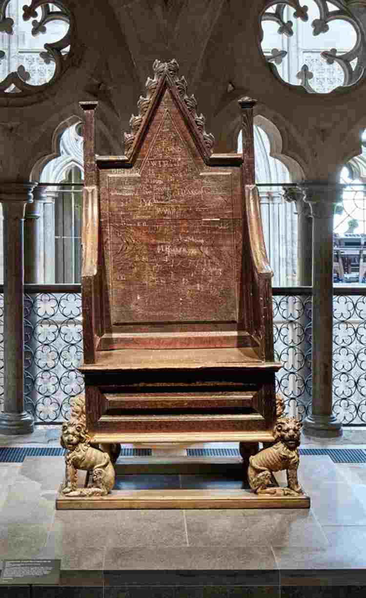A special Coronation Chair made for Mary II's coronation on display in the Galleries
