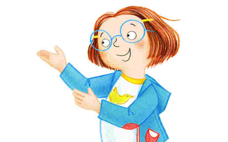 Illustration of young girl using both hands to show something