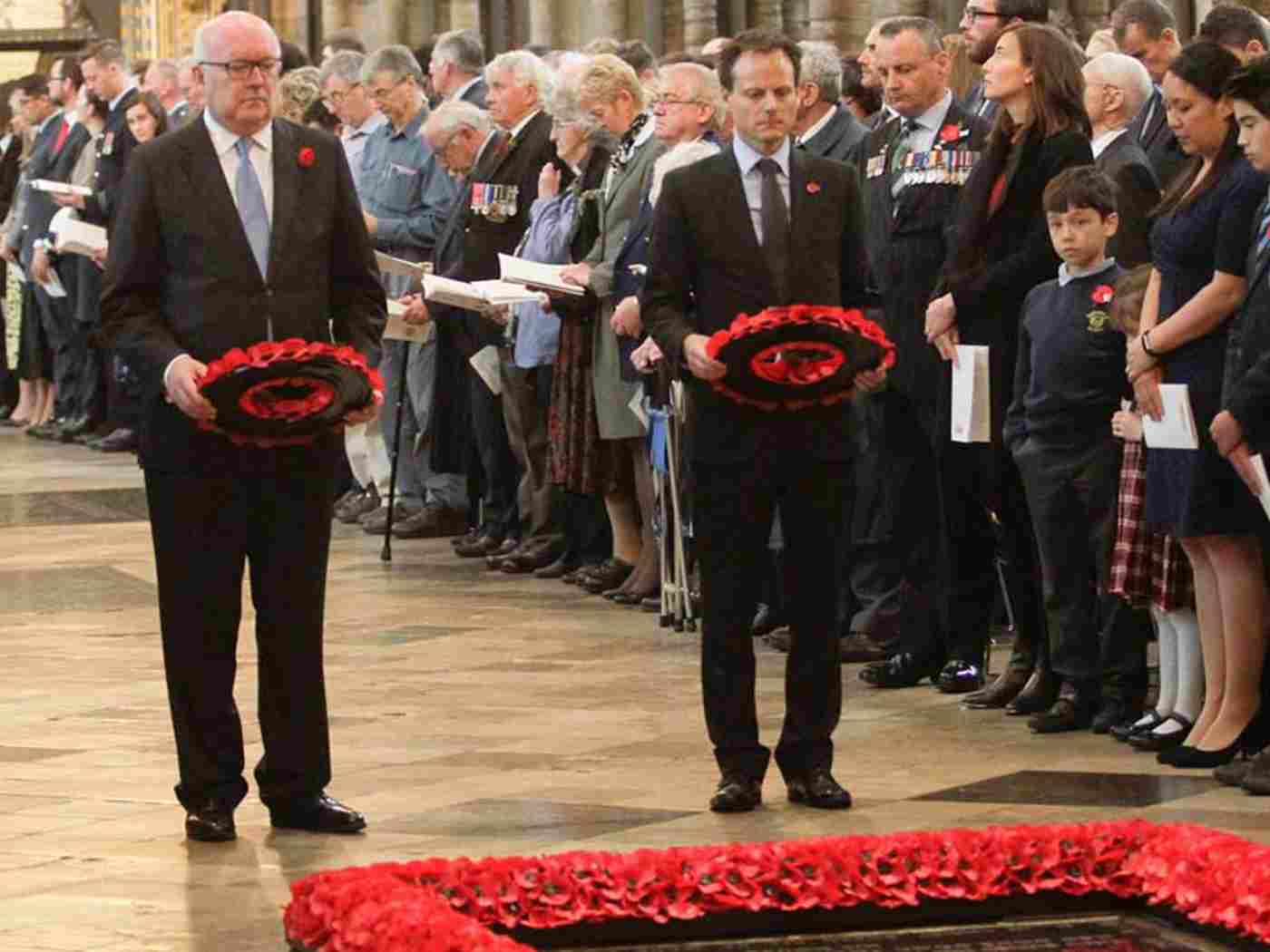 George Brandis QC, High Commissioner for Australia and David Evans, Deputy High Commissioner for New Zealand, lay wreaths at the Grave of the Unknown Warrior