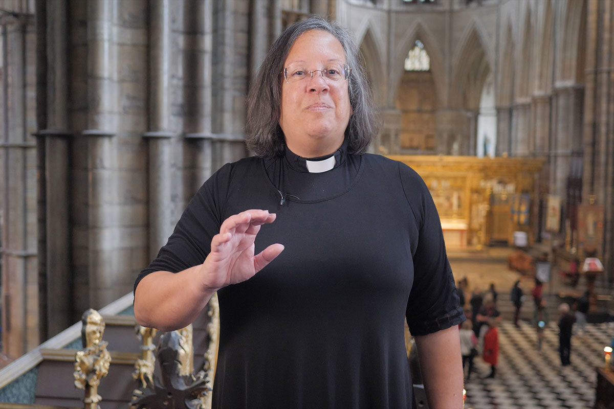 Photograph of The Venerable Patricia Hillas talking about Jesus Christ, as part of a series of films titled A Priest's Perspective