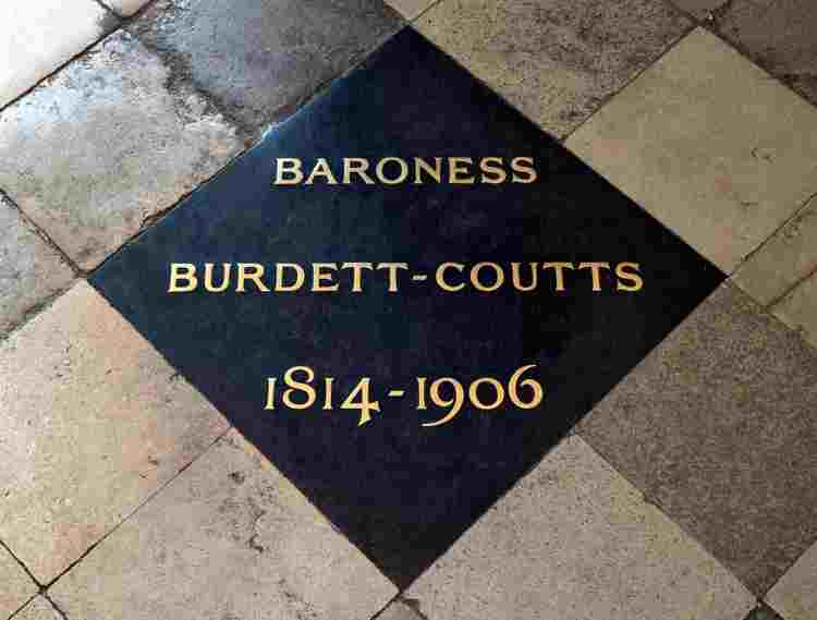 Gravestone of Angela Burdett-Coutts, which reads: 'BARONESS BURDETT-COUTTS 1814-1906'