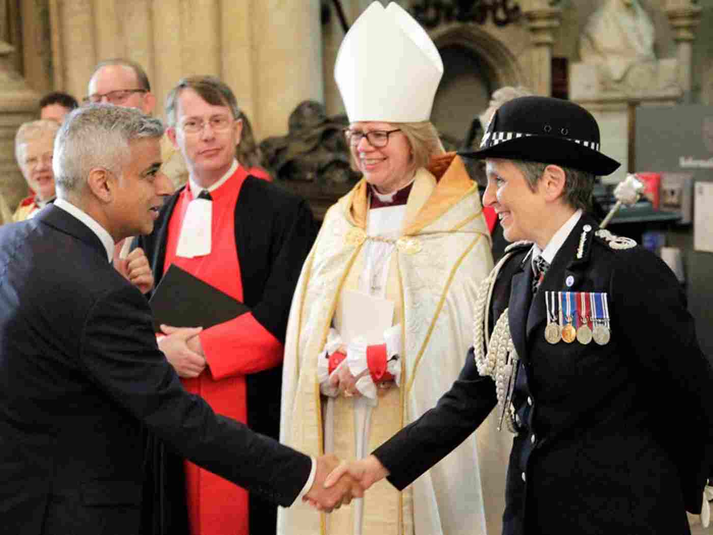 The Mayor of London, Sadiq Khan, shakes hands with Cressida Dick, The Commissioner of Police of the Metropolis
