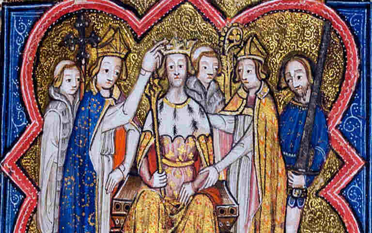 Photograph of a page of a medieval manuscript showing a king being crowned to promote the royalty page for families at Westminster Abbey