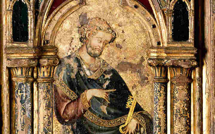 Photograph of St Peter holding the key of Heaven on the Westminster Retabe, England's oldest altarpiece kept at Westminster Abbey, representing the eschatology teaching guide for secondary teachers