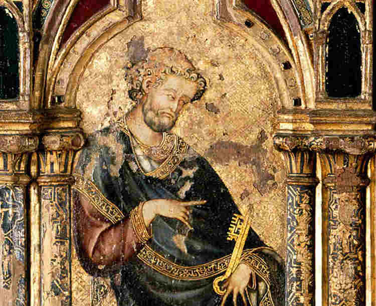Photograph of St Peter holding the key of Heaven on the Westminster Retabe, England's oldest altarpiece kept at Westminster Abbey, representing the eschatology teaching guide for secondary teachers