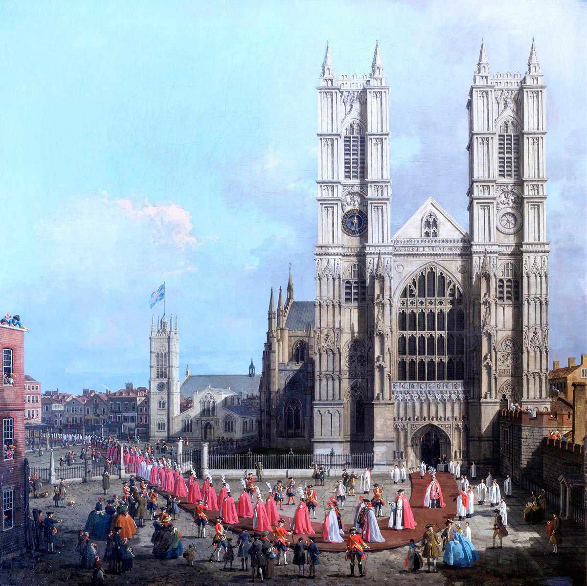 Painting of a procession of the Knights of the Order of the Bath, in their robes, leaving Westminster Abbey