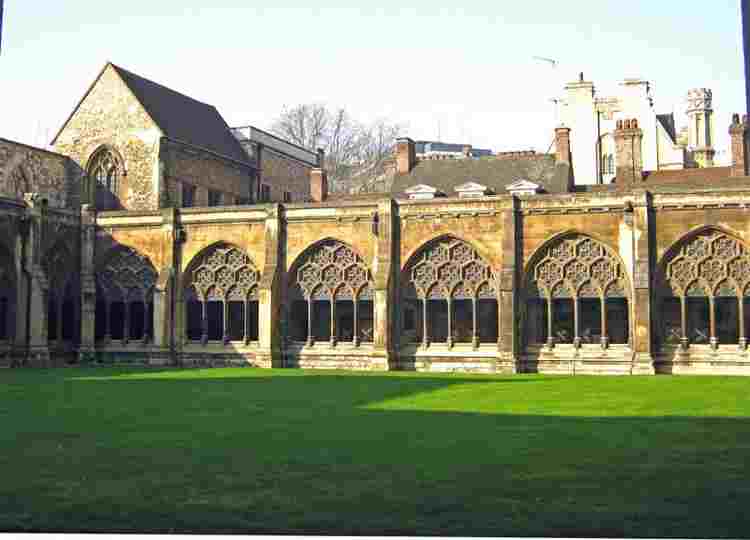 View of the Cloisters from across the Cloister garth, which is covered with lawn