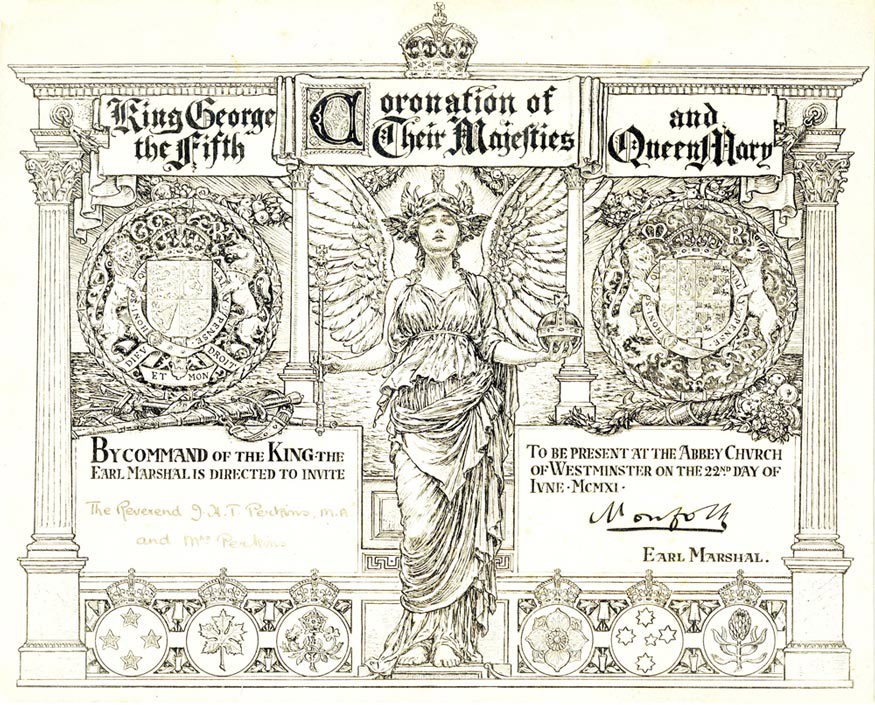 Invitation to the Coronation of King George V and Queen Mary with an angel and coats of arms
