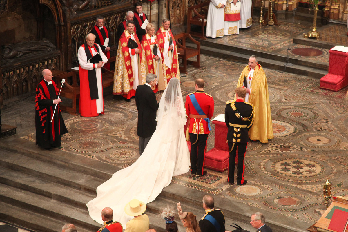 Michael and Catherine Middleton and Prince William and Prince Harry at Westminster Abbey's High Altar during Catherine and William's wedding