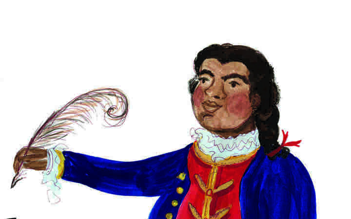 Illustration of Ignatius Sancho holding a quill