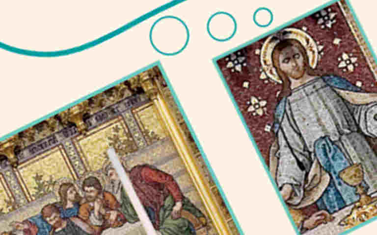 Angled illustration crop of the Christian life and worship trail, featuring a thought bubble next to an image of Jesus Christ and a portion of the Last Supper painting in Westminster Abbey