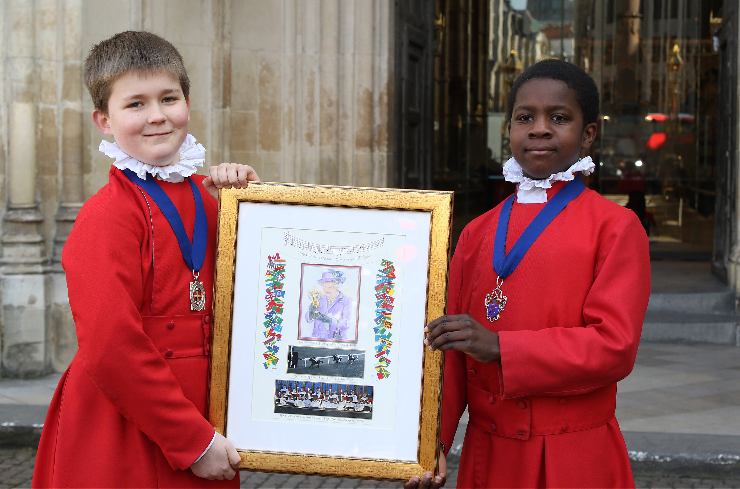 Choristers Daniel (left) and Jeremy with the Photograph of the Choir Boy